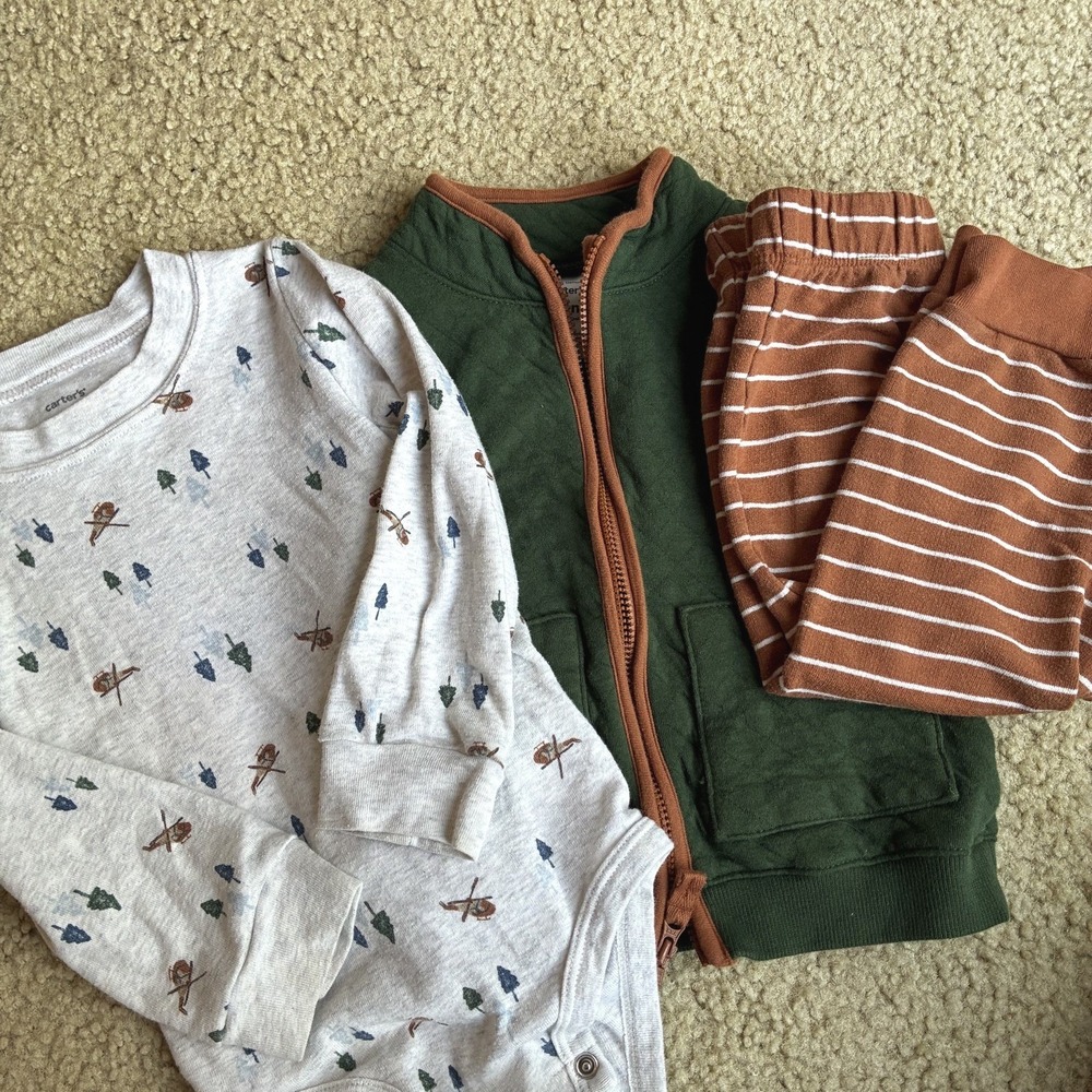 Carters 3 Piece 24 Months Set Fall Vest Pants Bodysuit Outdoor Adventure Trees - Picture 2 of 4